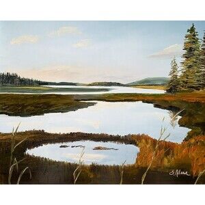 Original Oil Painting Coastal Acadia National Park Sunset Reflection 8x10 Signed